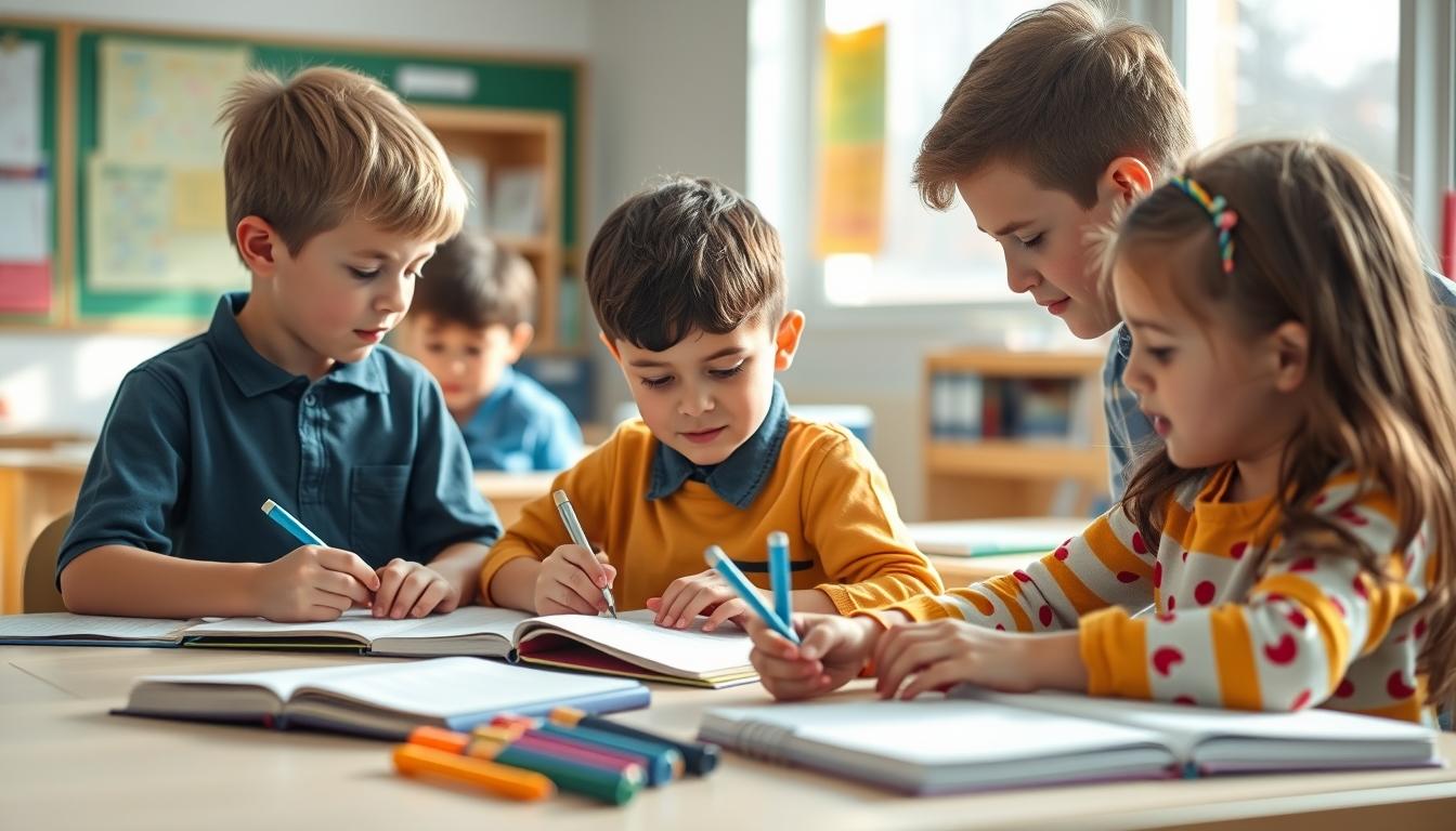 Students studying together in modern classroom